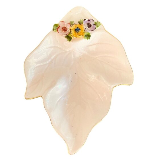 Staffordshire England Pink Trinket Dish Floral Bone China Leaf Gold Trim 5 In L - Picture 9 of 10
